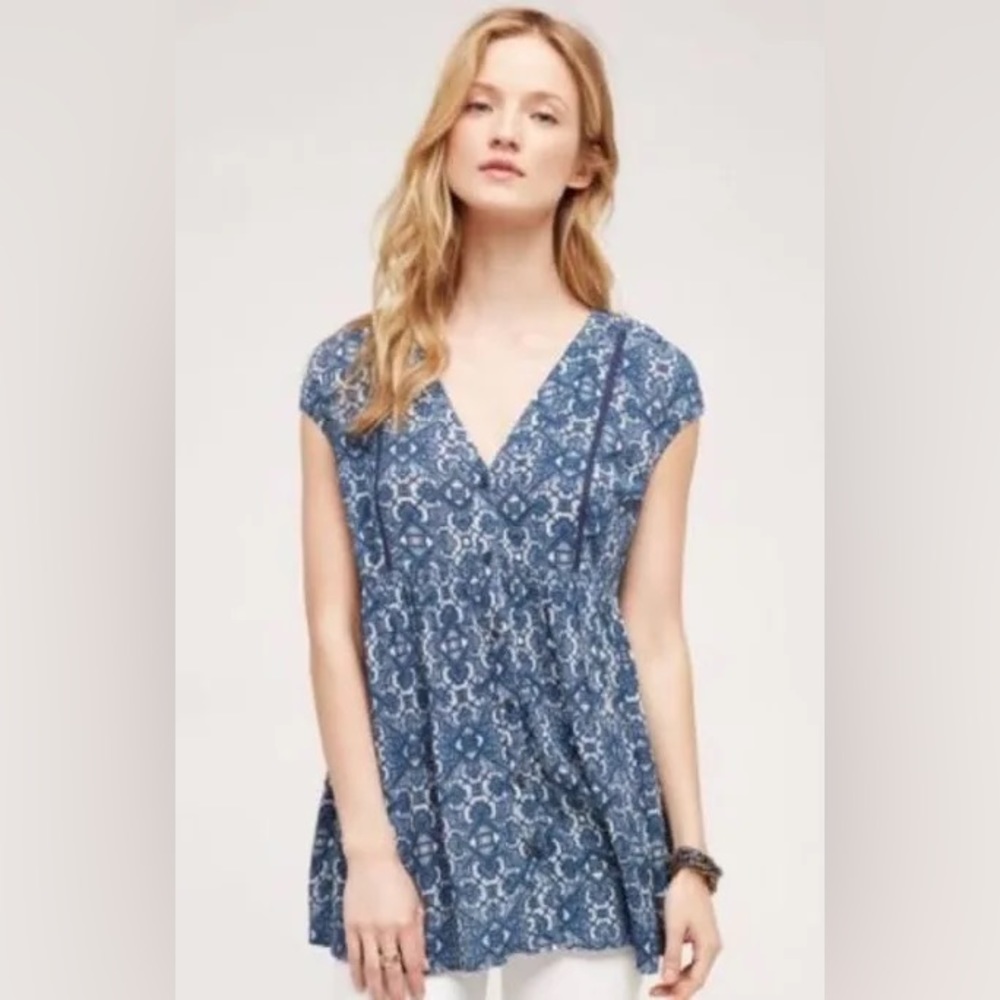 Anthropologie Blue Patterned Blouse